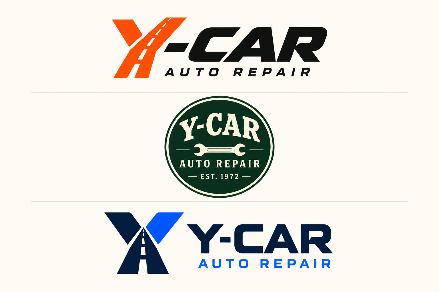 Three Y-Car logo directions: orange performance wordmark, green heritage badge, and blue precision monogram